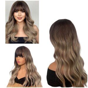 Long Brown Chocolate brown  and ash Blond Wavy Wig